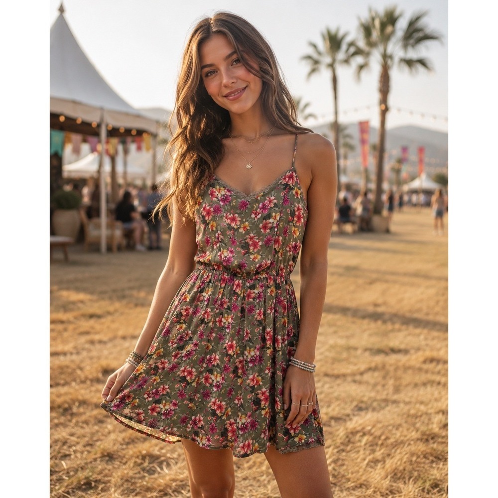 Hollister‎ Mini Dress XS Green Pink Floral Boho Fairy Cottagecore Babydoll Y2K